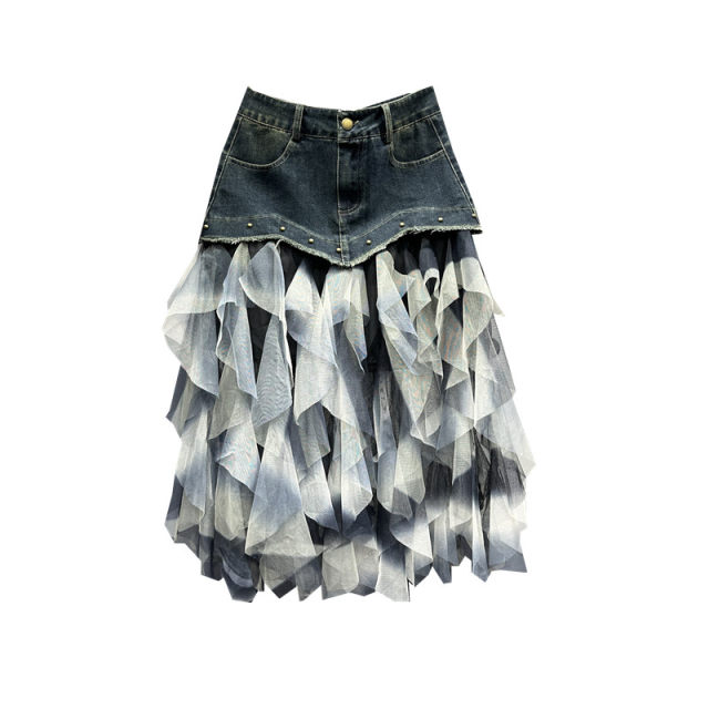 Mesh smudged layer cake skirt for women in women's 2025 spring and summer new versatile slim mid-length spliced ​​denim skirt