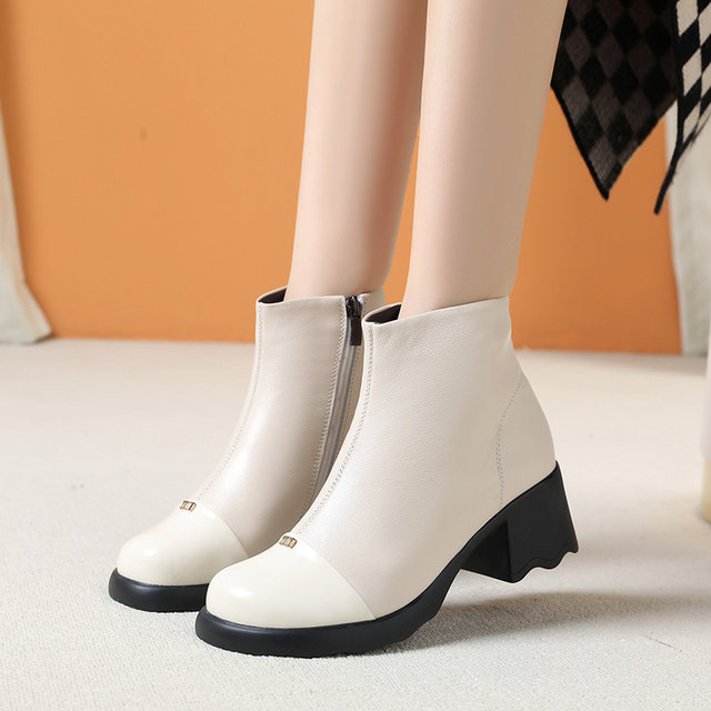 
Genuine leather short boots for women 2025 new fashion high-heeled Martin boots thick-soled heightening shoes large size leather boots plus velvet cotton boots