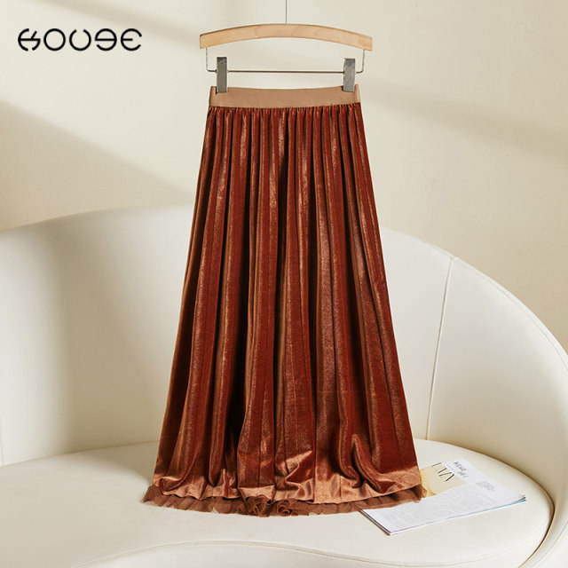 Two-sided gold velvet skirt for women with autumn and winter elastic waist splicing slim pleated skirt mid-length high-waisted umbrella skirt
