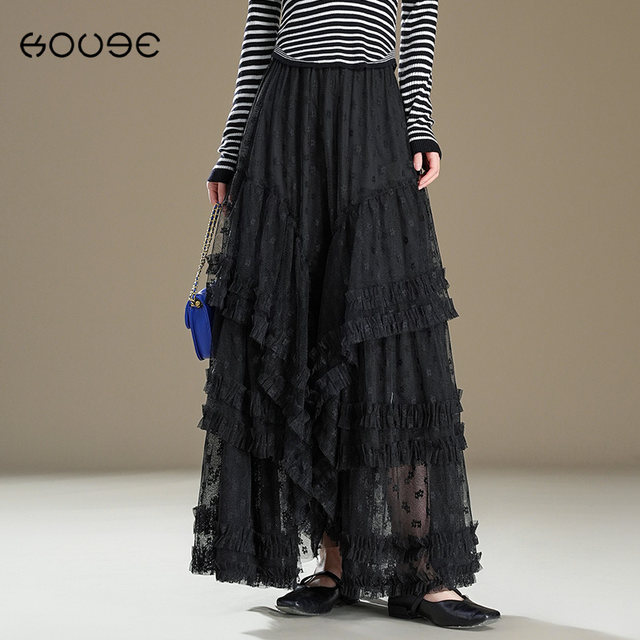Black irregular lace mesh large umbrella skirt for women 2025 summer new princess fluffy cake pleated long skirt