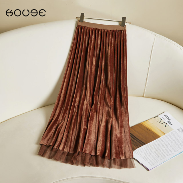 Two-sided gold velvet skirt for women with autumn and winter elastic waist splicing slim pleated skirt mid-length high-waisted umbrella skirt
