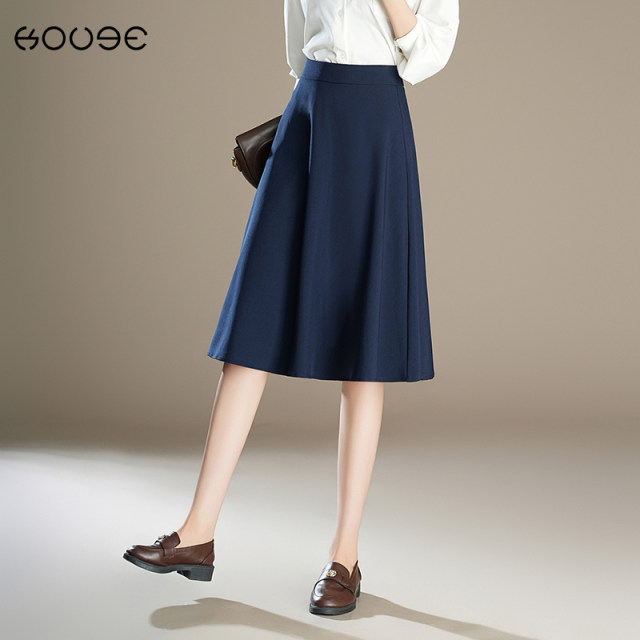 Navy blue temperament professional commuting skirt for women 2025 spring and autumn high waist loose slim drooping large umbrella skirt