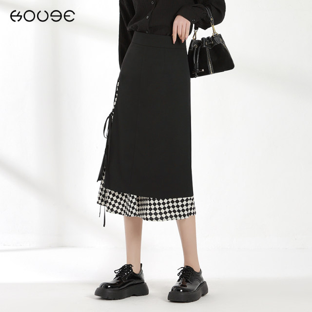Spliced ​​plaid skirt for women in spring and autumn 2025 new high-waist strap mid-length chessboard plaid a-line skirt