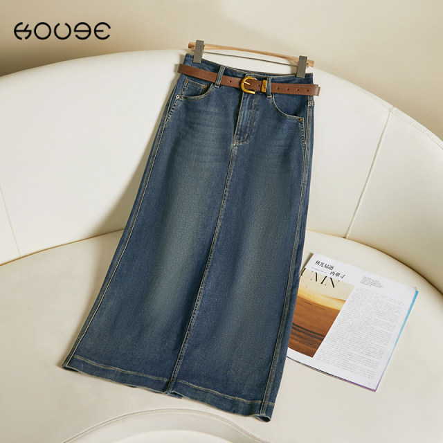 Commuter straight denim skirt for women in spring and autumn 2025 new high-waist loose mid-length draped A-line skirt