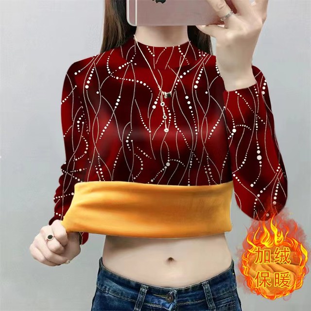 
Thickened velvet bottoming shirt for women all-in-one velvet mother's wear 2025 winter new style half turtleneck fashion printed warm clothing