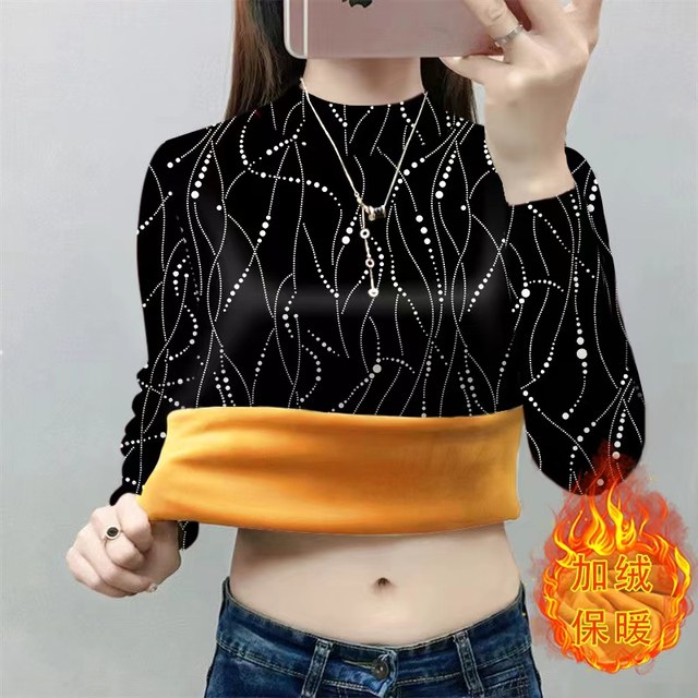 
Adding velvet thickened integrated velvet mother's suit 2025 winter new half-high neck fashionable printed long-sleeved T-shirt warm clothes