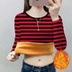 Velvet and thickened 2025 winter new round neck T-shirt bottoming shirt fashionable striped women's warm outer wear long sleeves