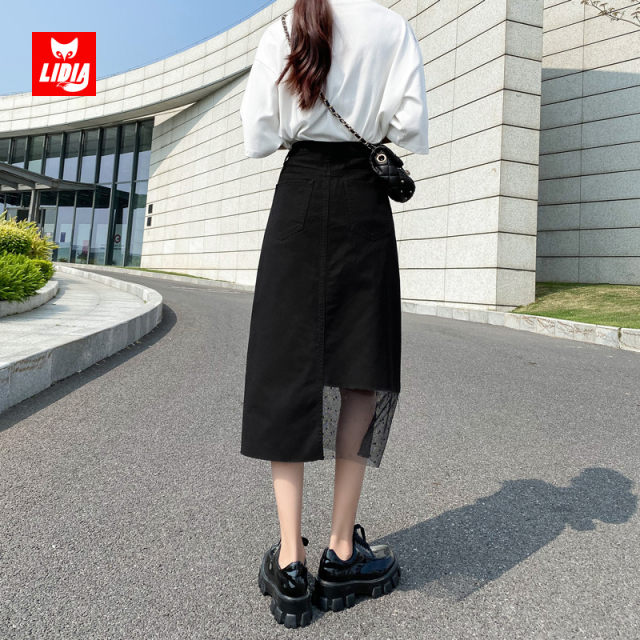 Black slit denim skirt for women in summer new high waist mid-length irregular hip A-line mesh skirt