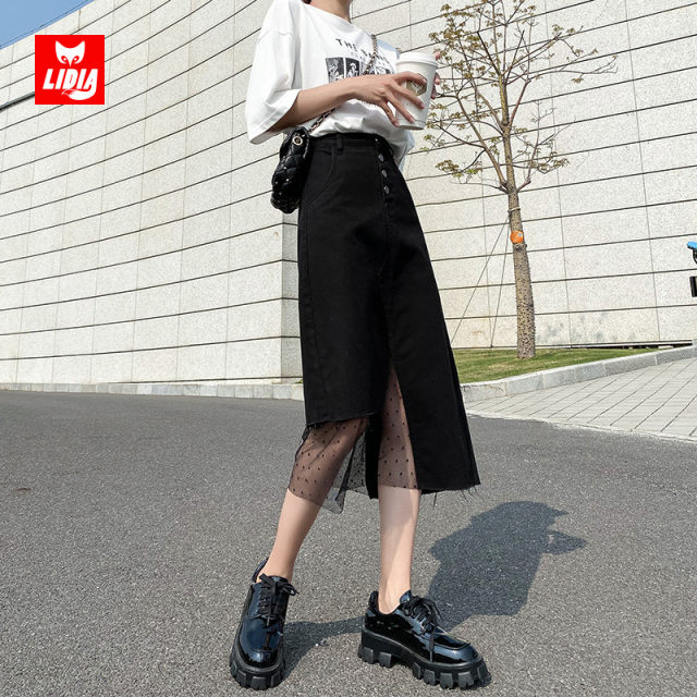 Black slit denim skirt for women in summer new high waist mid-length irregular hip A-line mesh skirt