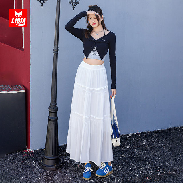 2025 spring and summer new white spliced ​​cake skirt for women, small slim and versatile high-waisted A-line midi skirt
