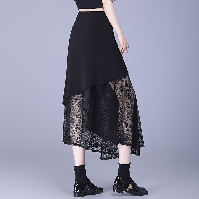 
Black irregular skirt 2025 summer new high-waist lace splicing design one-piece A-line skirt long skirt