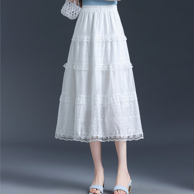 White lace spliced ​​skirt versatile elastic high waist slim A-line umbrella skirt cake skirt long skirt summer skirt