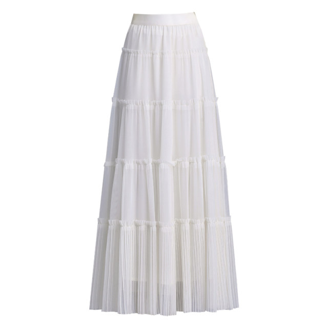 Drooping apricot skirt for women 2025 summer new high-waist mesh cake skirt slim A-line long skirt big hem skirt
