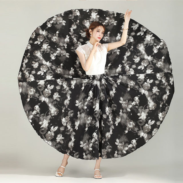 Printed chiffon large hem skirt long skirt for women 2025 summer new high-waist slimming A-line elastic waist skirt
