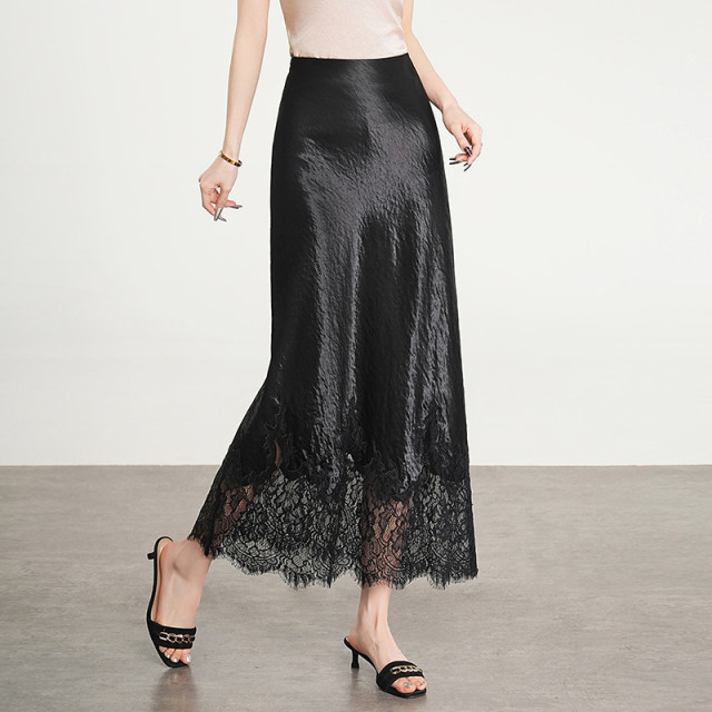 
Satin skirt for women summer 2025 new lace spliced ​​high waist temperament hip-packing A-line long skirt acetate fish tail skirt