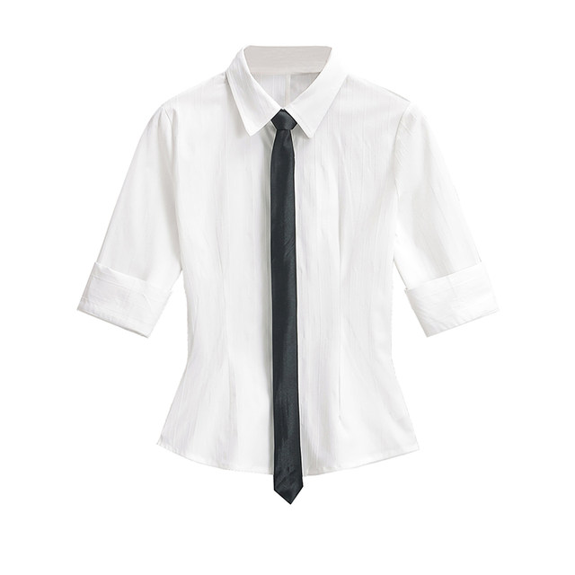 Walnut hot girl JK uniform slim white waist tie mid-sleeved shirt women's pure desire style slim short top
