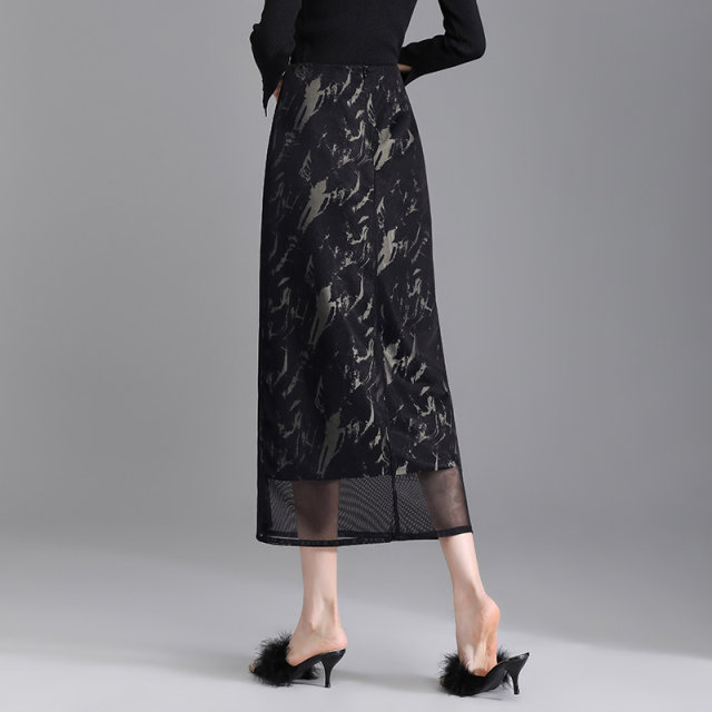 Retro jacquard gauze skirt for women's spring and autumn 2025 new slim hip straight skirt mid-length slit one-step skirt