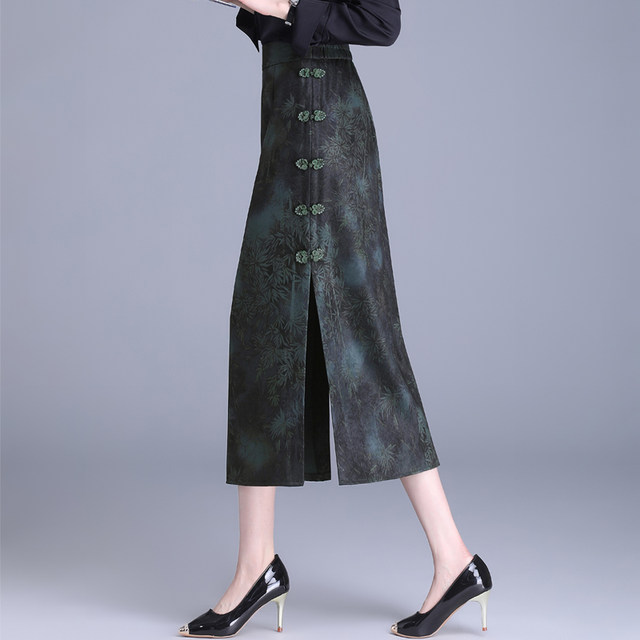 Retro double slit buckle one-step skirt for women 2025 spring and autumn new slim printed skirt mid-length hip-cover skirt