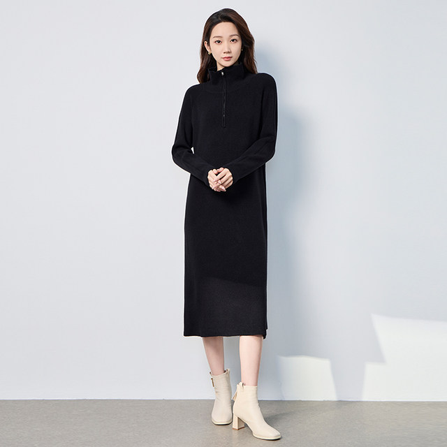 BNX Spring New Solid Color Turtle Neck Knitted Skirt Loose Dress Simple Long Sleeve Long Skirt Fashion Skirt Women's Clothing