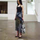 Wrapped double-sided wear art design printing washing and old denim zipper splicing straight long skirt trendy
