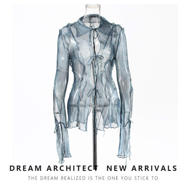 Niche design sense ripped lace perspective denim printed shirt female hottie sleeve hollow top for women