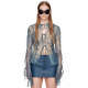 Niche design sense ripped lace perspective denim printed shirt female hottie sleeve hollow top for women