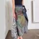 Wrapped double-sided wear art design printing washing and old denim zipper splicing straight long skirt trendy
