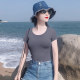 Age-reducing fashion beautiful smoke gray big round neck pure cotton slim T-shirt short-sleeved women's niche design top