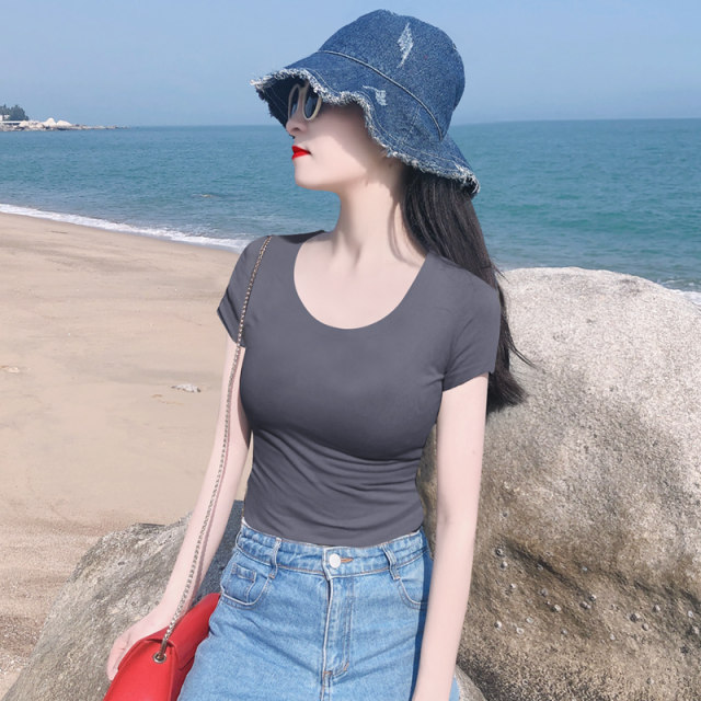 Age-reducing fashion beautiful smoke gray big round neck pure cotton slim T-shirt short-sleeved women's niche design top