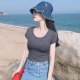 Age-reducing fashion beautiful smoke gray big round neck pure cotton slim T-shirt short-sleeved women's niche design top