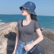 Age-reducing fashion beautiful smoke gray big round neck pure cotton slim T-shirt short-sleeved women's niche design top