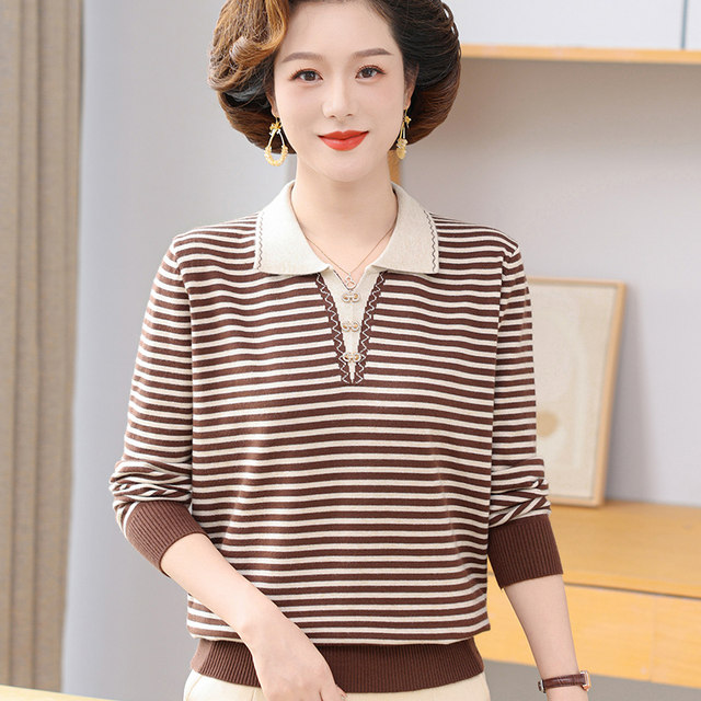 Mother's autumn knitted bottoming shirt striped top middle-aged thick sweater middle-aged women's spring and autumn outer wear foreign style