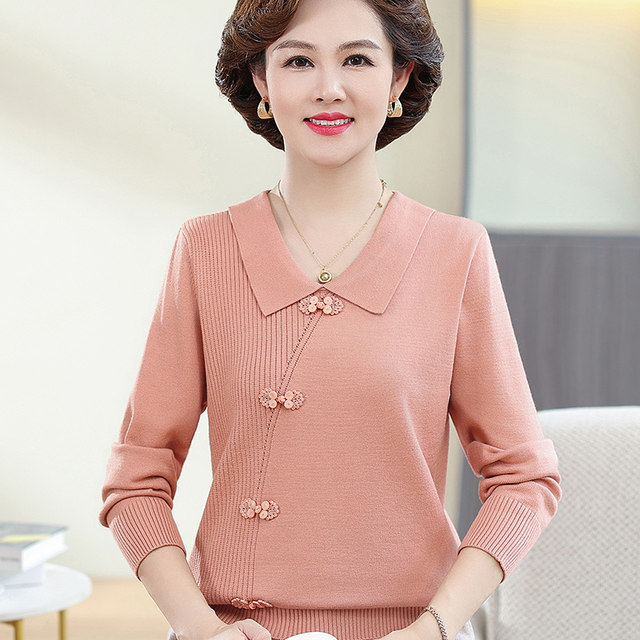Mom's autumn clothing new sweater style lapel knitted sweater middle-aged and elderly women autumn and winter long-sleeved bottoming shirt top