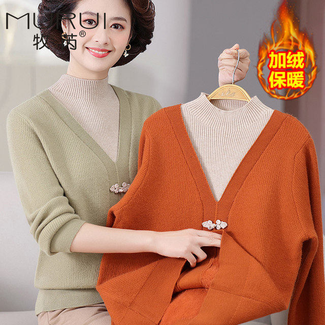 Mother's winter sweater with velvet and thick inner layer, fake two-piece bottoming shirt, middle-aged and elderly women's half turtleneck warm top