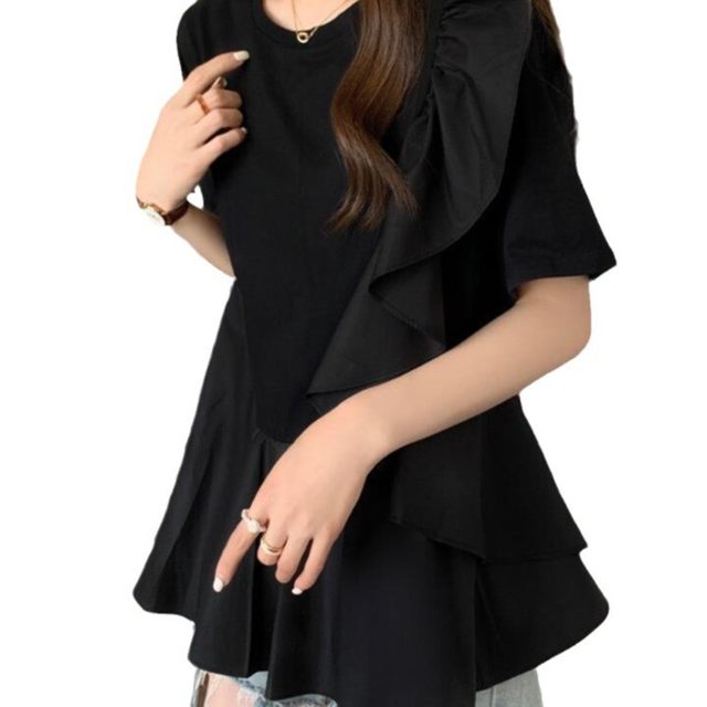Large size fat mm ruffled spliced ​​short-sleeved T-shirt for women 2024 summer new design, age-reducing slim top for women
