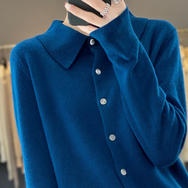 New spring polo collar sweater knitted cardigan for women's shirt short collar hot base shirt wear slim top
