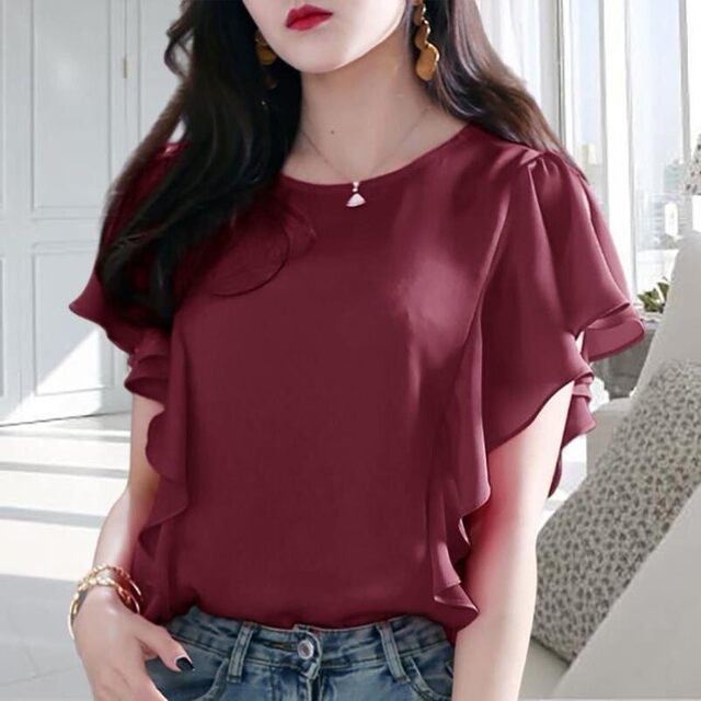Temperate ruffled chiffon shirt short-sleeved 2024 summer new large size loose slim T-shirt belly covering top for women
