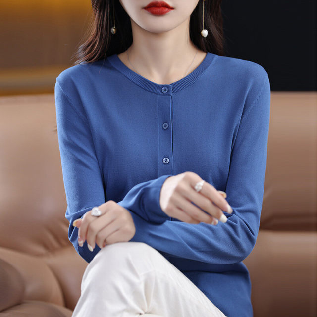 2024 spring and summer new style of Quzhu round neck solid color knitted cardigan for women's thin style loose knitted top