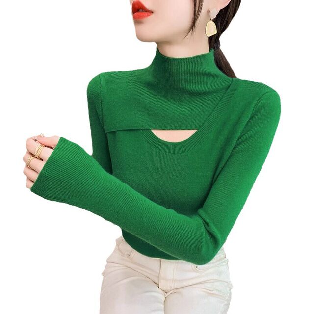 Half-high neck hollow base shirt for women in spring and autumn green sweater fashionable 2024 new slim fit knitted sweater
