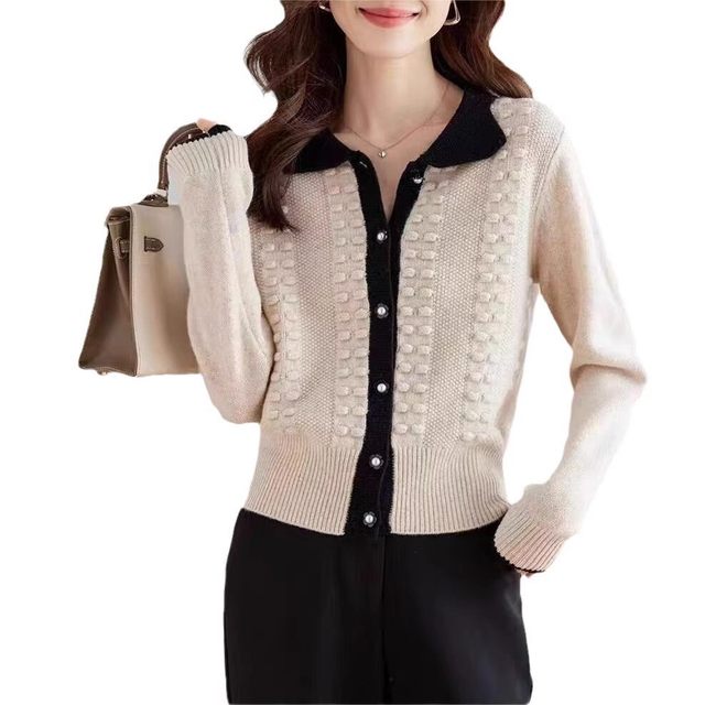 Temperament color-blocking lapel knitted cardigan for women for women's short 2025 spring and autumn new high-end exterior sweater jacket top
