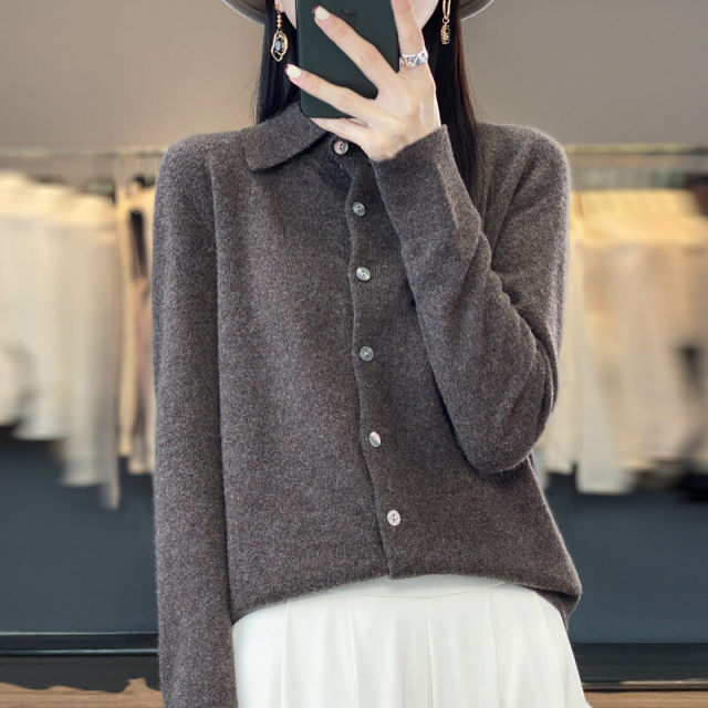 New spring polo collar sweater knitted cardigan for women's shirt short collar hot base shirt wear slim top
