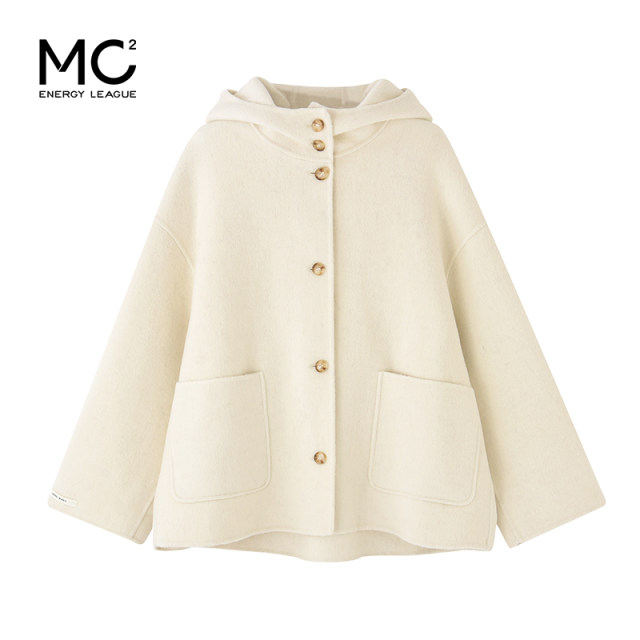 MC2m white double -sided wool temperament woolen women's short winter new fashion hooded hat gentle early winter wear
