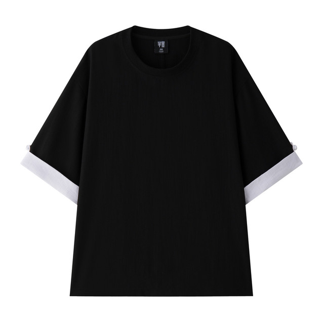 Half ink large size men's new Chinese short-sleeved T-shirt in summer thin loose fat man contrasting color spliced ​​numb five-point sleeves
