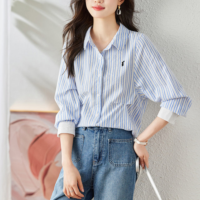 First Shadow Blue Striped Shirt Women's Long Sleeve 2025 Spring New Casual Top Cartoon Embroidered Cotton Shirt