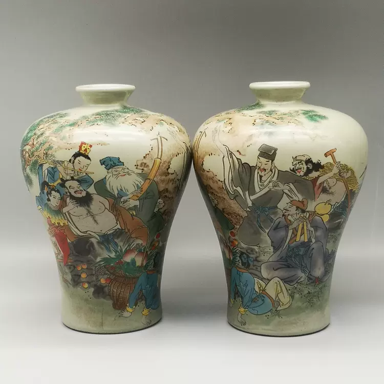 雍正年制粉彩八仙乐梅瓶（一对）古玩瓷器古董收藏老物件老货摆件-Taobao
