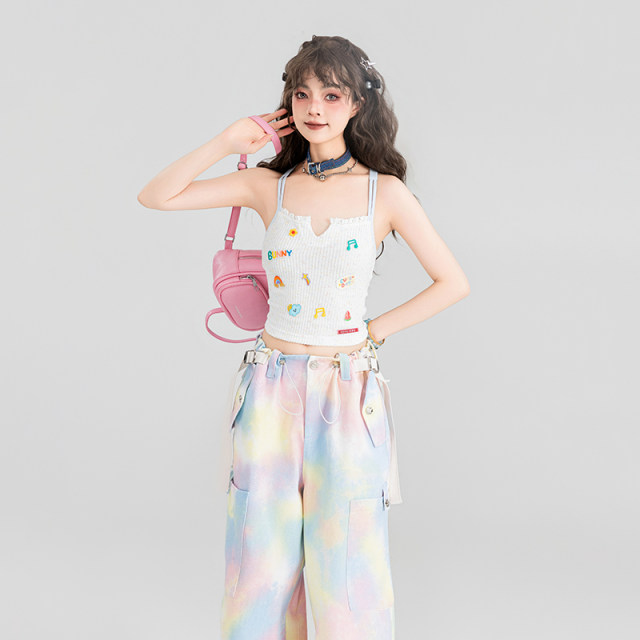 KEIKO Sweetheart Hot Girls Backless Cross-Stretching Vest 2024 Summer White Embroidered Navel Short Top
