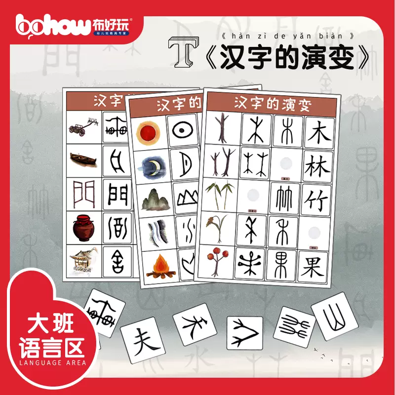 幼兒園大班語言區角遊戲認識漢字的演變故事閱讀看圖識字卡片