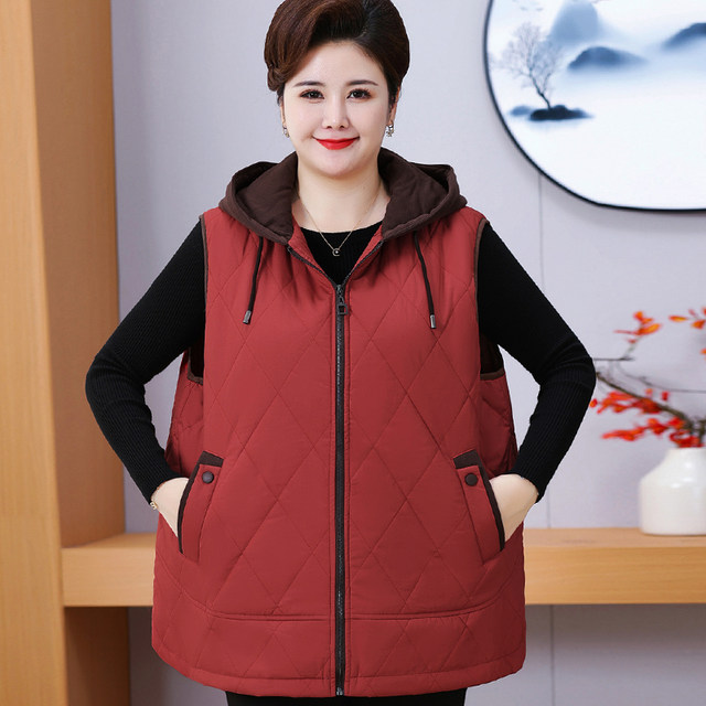 Fat Mom Spring and Autumn Large Size Padded Vest Middle-aged and Elderly Plus Fat Loose Vest Female Grandma Hooded Warm Top