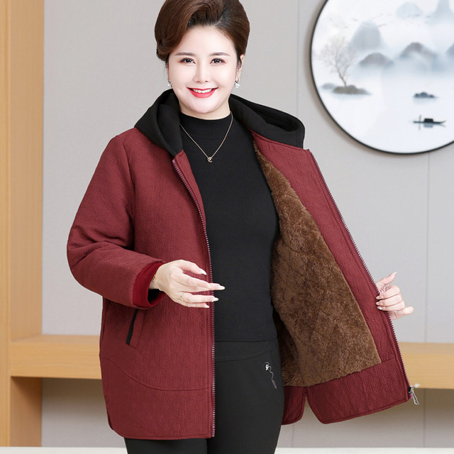 Middle-aged and elderly women's plus size velvet cotton jacket, fat grandma's fat hooded thick jacket, mother's warm windbreaker