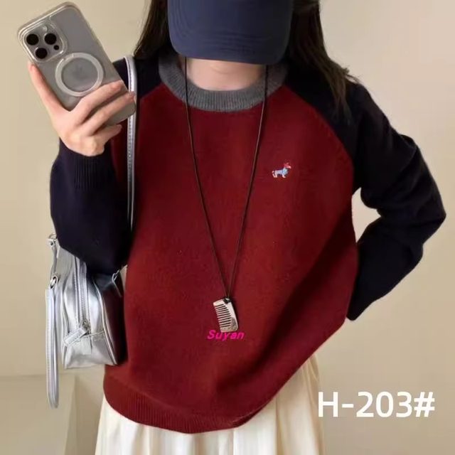 Contrast color round neck pullover rainbow horse embroidery sweater Korean style fashionable color raglan sleeve college style age-reducing thread shirt